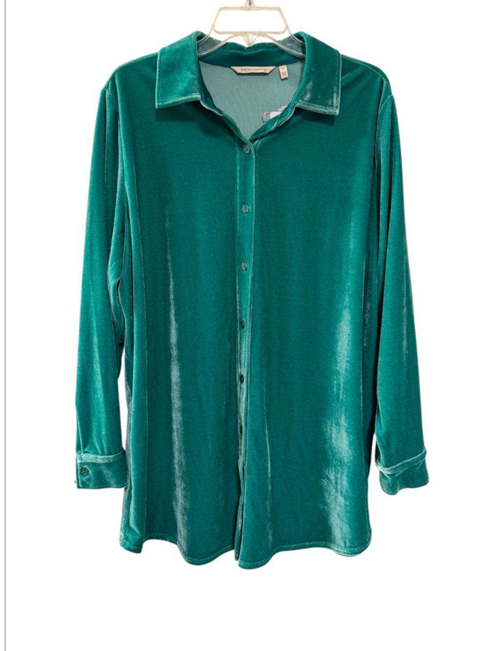 Soft Surroundings Green Stretch Velvet Button Front Tunic Length Boyfriend Top